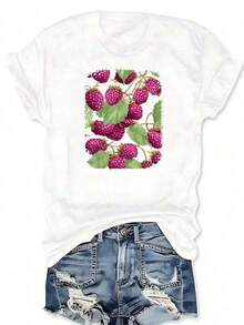 Round Neck T-Shirt With Graphic Vegetable Print And Mulberry Fruit Design, Casual Short Sleeve T-Shirt For Spring Summer, Women's Clothing Suitable As A Gift. Women's T-Shirt. Blouses>Elegant. Boho Chic, Soft, Breathable And Comfortable Women's Top, Ideal For Spring, Summer And Autumn, Perfect For Vacations, Travel And Everyday Wear. - 白色 - 查看 1