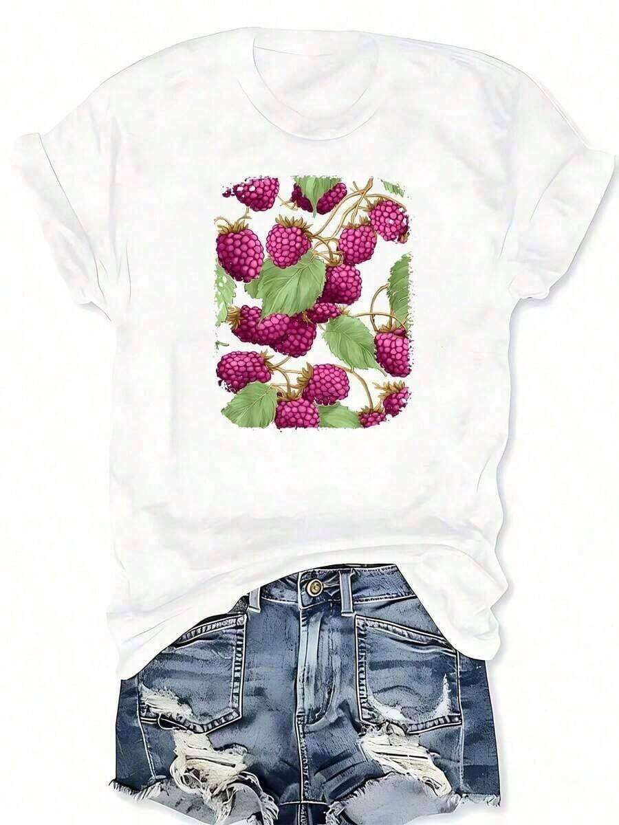 Round Neck T-Shirt With Graphic Vegetable Print And Mulberry Fruit Design, Casual Short Sleeve T-Shirt For Spring Summer, Women's Clothing Suitable As A Gift. Women's T-Shirt. Blouses>Elegant. Boho Chic, Soft, Breathable And Comfortable Women's Top, Ideal For Spring, Summer And Autumn, Perfect For Vacations, Travel And Everyday Wear. - 白色 - 查看 1
