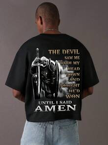 中世紀騎士圖案配「Amen」字樣，大膽宗教靈感設計。男款單件寬鬆短袖T恤 - 黑色 - 查看 5