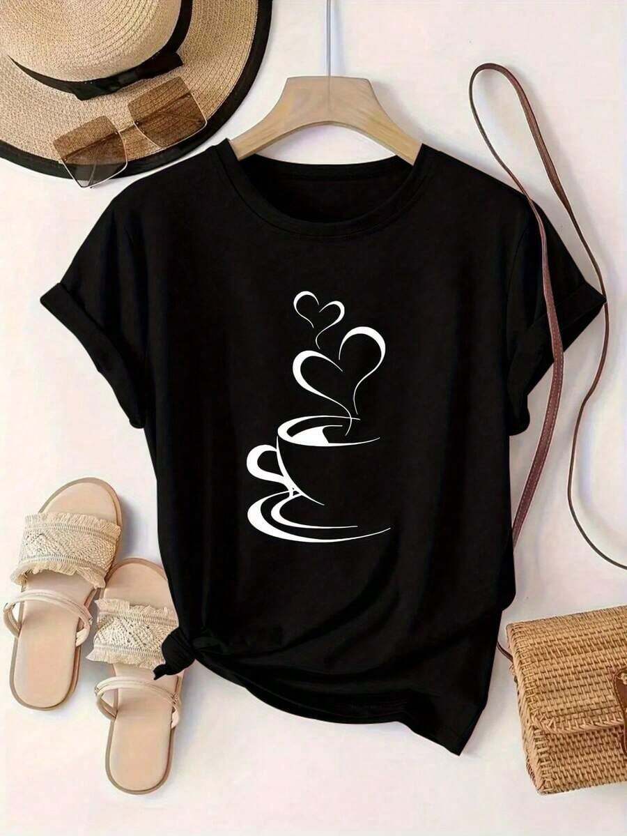 Camiseta 100% Algodón Nueva para Mujer, Sudadera Estampada de Manga Corta para Primavera/Verano/Otoño, Ropa de Mujer, Top Casual de Cuello Redondo, Camiseta de Algodón Transpirable, Combina con Todo - Negro - Ver 1