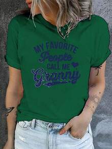 Women's T-Shirt With Funny Print "My Favorite Family Member Calls Me Grandma" - Casual Short-Sleeved Crew Neck T-Shirt, Suitable For Spring And Summer, Comfortable For Everyday Wear, With A Grandma Slogan, Machine Washable. - 綠色 - 查看 1