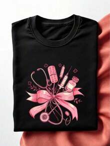 Nurse T-Shirt With Bow And Medical Tools, Thank You Gift For Nurses, Stethoscope And Bow T-Shirt, Licensed Nurse T-Shirt, Nursing School, New Nurse Graduation EW-2953 - 黑色 - 查看 6