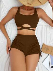 Swim Basics Conjunto de traje de baño minimalista de un solo color para mujer - Marrón - Ver 6
