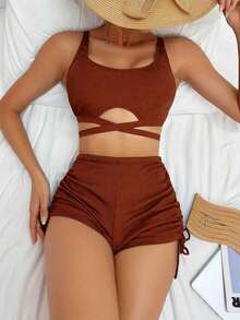 Swim Basics Conjunto de bikini sexy de un solo color con diseño de cruz para mujer, ideal para playa de verano - Marrón 2 - Ver 6