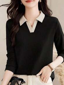 Camiseta de manga larga con cuello de polo para mujer, prenda exterior de moda, jersey informal de primavera, 2025 Nuevo otoño - Negro - Ver 2