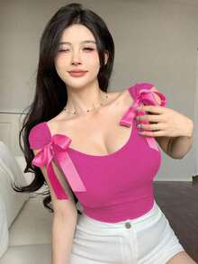 Camiseta de manga corta ceñida con lazo en la espalda para mujer, ideal para el verano - Rosa Fucsia - Ver 5