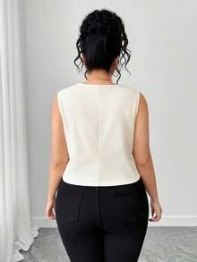 Camiseta sin mangas casual de cuello en V y abotonada para mujer talla grande - Beis - Ver 2
