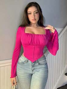 Elegante camiseta de manga abullonada con pliegues brillantes, versátil para citas y vacaciones - Rosa Fucsia - Ver 5