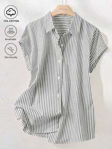 Camisa de manga corta a rayas vintage, de moda para ir al trabajo en verano - Blanco y Negro - Ver 1