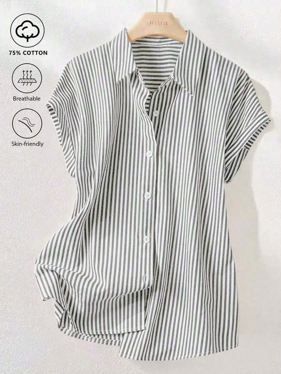 Camisa de manga corta a rayas vintage, de moda para ir al trabajo en verano - Blanco y Negro - Ver 1