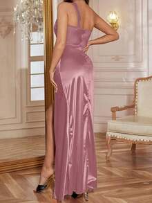 Vestido de verano para mujer , color vino tinto, vestido de fiesta con un hombro, fruncido elástico y abertura, adecuado para el Día de San Valentín, citas, reuniones, fiestas, viajes, vacaciones, playa y otras ocasiones - Rosa vieja - Ver 3