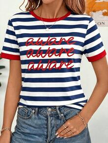 Camiseta de manga corta holgada con cuello redondo, estilo asimétrico a rayas, minimalista y casual, para mujer.Versátil y adecuada para primavera/verano y temporada deportiva - Multicolor 4 - Ver 10