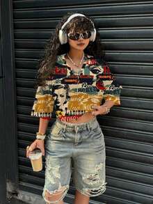 x  Camiseta casual de uso diario con cuello en V, estampado de letras de dibujos animados para mujer de talla grande - Multicolor 3 - Ver 3