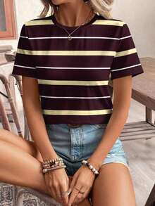 Camiseta de manga corta holgada con cuello redondo, estilo asimétrico a rayas, minimalista y casual, para mujer.Versátil y adecuada para primavera/verano y temporada deportiva - Multicolor 15 - Ver 5