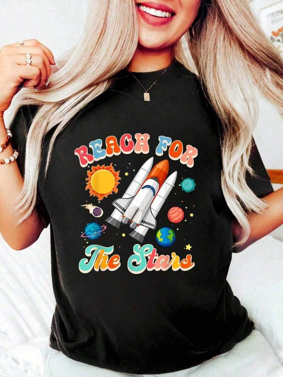 Space Lover Teacher Life Back To School Reach For The Stars T-Shirt Graphic Tees Short Sleeve Tops T Shirts Women Tshirts For Women Cotton Tops Women Festival Outfits - 黑色 - 查看 1
