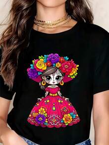 Women's Mexican Folk Art Sugar Skull T-Shirt - Pink Floral Print, Round Neck, Short Sleeve Top, Suitable For Day Of The Dead, Halloween And Festive Party Outfits, Casual Everyday Wear, Breathable And Comfortable Mexican Style Clothing - 黑色 - 查看 1