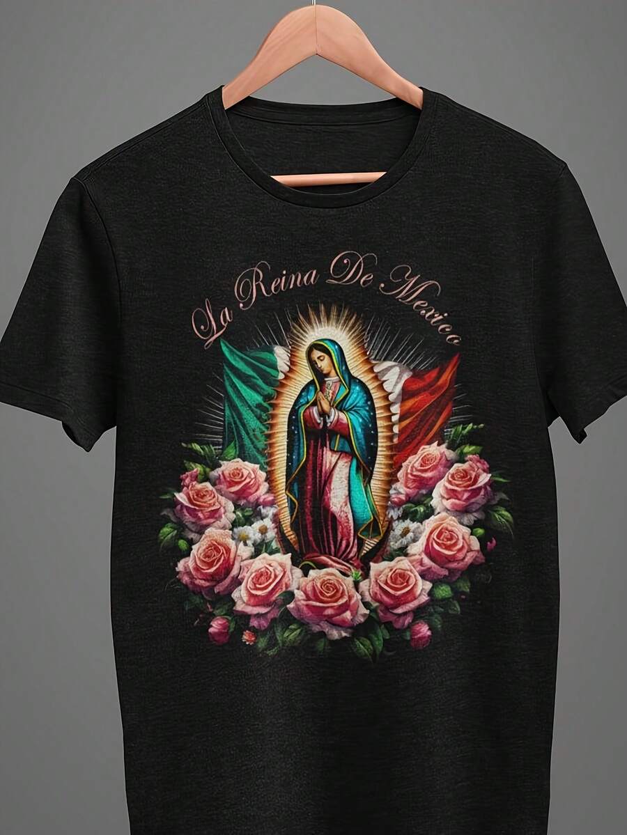 Virgin Of Guadalupe T-Shirt - Mexican Religious Iconography With Our Lady Of Guadalupe And Spanish Inscription - Unisex 220gsm Crew Neck Short Sleeve T-Shirt For Men And Women - A - 黑色 - 查看 1