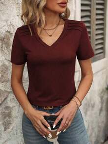 Camiseta de manga corta de unicolor con cuello en V, de uso versátil y casual para uso diario de la mujer - Burdeos - Ver 6
