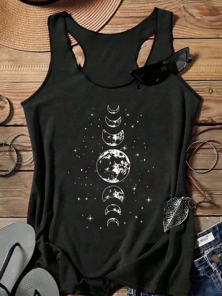 LUNE Camiseta de tirantes casual de mujer con estampado de luna y estrellas, cuello redondo, adecuada para el verano - Negro - Ver 1
