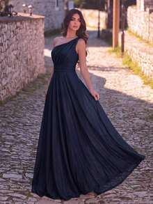 Elegante vestido formal de punto de un solo hombro, diseño plisado largo y elegante, adecuado para dama de honor o eventos formales como bodas - Azul marino - Ver 1