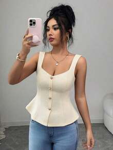 Top de tirantes anchos con cuello cuadrado, abotonado delantero, cintura plisada y ajustado para mujer, unicolor y elegante - Albaricoque - Ver 5