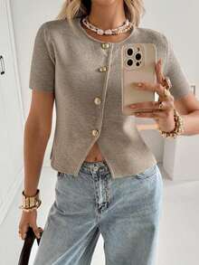 Cárdigan casual de mujer de manga corta, cuello redondo, con botones delanteros, de unicolor y delgado - Café integral - Ver 8
