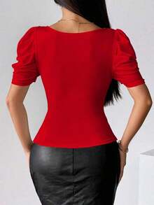 Camiseta ajustada de manga corta con cuello en V sexy y cremallera delantera - Rojo - Ver 2