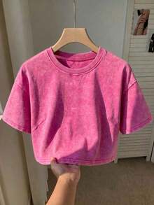 Camiseta básica de manga corta de 100% algodón lavado, verde oliva - Rosa 2 - Ver 1