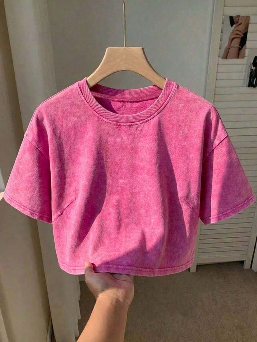 Camiseta básica de manga corta de 100% algodón lavado, verde oliva - Rosa 2 - Ver 1