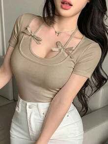 Camiseta de manga corta de ajuste ceñido, casual y sexy con decoración de lazo en el cuello halter para mujer - Caqui - Ver 6