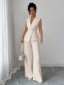 Conjunto de oficina elegante para mujer, compuesto por una chaqueta blazer sin mangas con cuello y bajo asimétrico, con hebilla metálica en la cintura, combinada con pantalones de cintura elástica.Conjunto de 2 piezas elegante para primavera/verano, atuendo formal y de clase para mujer. - Albaricoque 2 - Ver 7