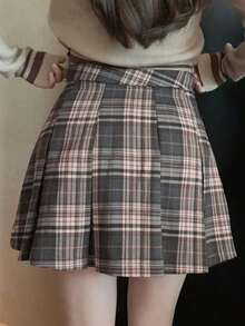 Falda pantalón plisada de unicolor para mujer con estilo informal universitario - Gris 2 - Ver 5