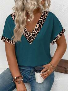 Selamara Camiseta casual y versátil con estampado de leopardo para mujer de talla grande, nueva llegada de primavera/verano - Agua verde azul - Ver 4