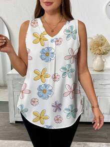 Blusa sin mangas con cuello en V y estampado floral para mujer talla grande, Camisa casual con cuello en V y estampado floral para mujer talla grande - Multicolor 4 - Ver 3