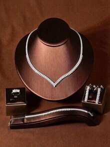 4pcs/Set Fashionable Elegant Rhinestone Necklace Set, Bridal Wedding Banquet Dress Women Jewelry Accessories - Silver - View 1