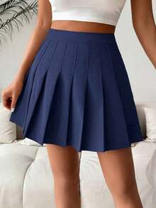 Falda pantalón casual de talle alto con pliegues y rayas para mujer - Azul marino - Ver 6