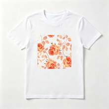 Rosas Naranjas Playera de Algodón Blanca Romántica Estampada - Blanco - Ver 1