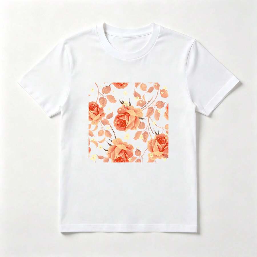 Rosas Naranjas Playera de Algodón Blanca Romántica Estampada - Blanco - Ver 1