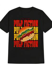 Camiseta Casual de Cuello Redondo para Hombre con Diseño de Hamburguesa de Pulp Fiction – Camiseta de Verano a la Moda, Regalo Ideal para Hombres, Hecha de Material Ligero y Cómodo, Perfecta para Salidas Casuales con un Diseño Divertido - Negro - Ver 1