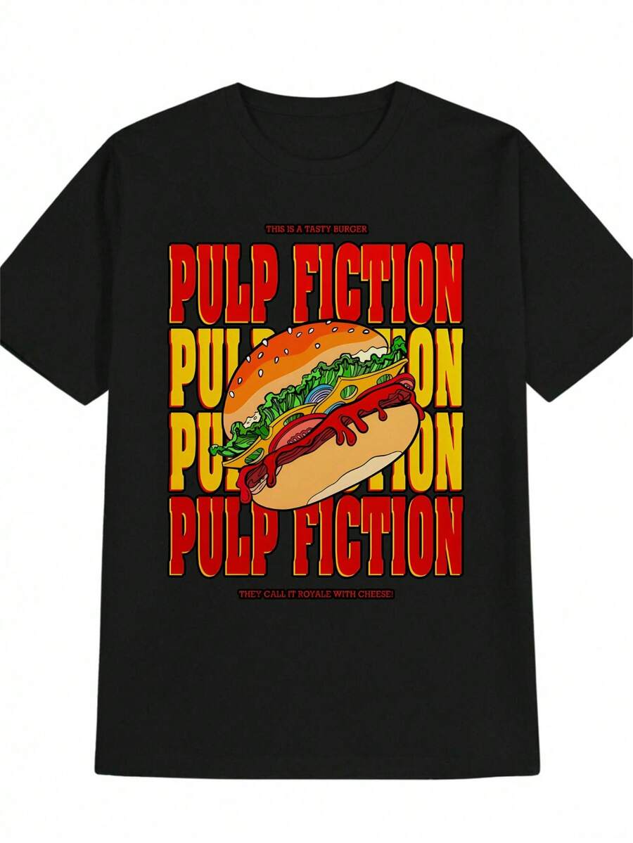 Camiseta Casual de Cuello Redondo para Hombre con Diseño de Hamburguesa de Pulp Fiction – Camiseta de Verano a la Moda, Regalo Ideal para Hombres, Hecha de Material Ligero y Cómodo, Perfecta para Salidas Casuales con un Diseño Divertido - Negro - Ver 1