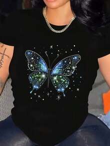 100% Cotton Women's Eye-Catching T-Shirt With A Bright Butterfly Design And Unique Print, Ideal For Parties Or Casual Outings, Available In Sizes S, M, L And XL In Black, Fashionable Clothing, In T-Shirts - 黑色 - 查看 1