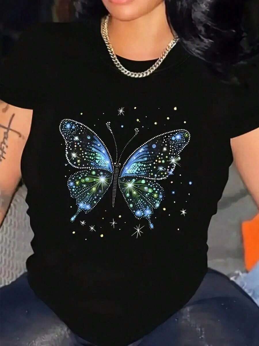 100% Cotton Women's Eye-Catching T-Shirt With A Bright Butterfly Design And Unique Print, Ideal For Parties Or Casual Outings, Available In Sizes S, M, L And XL In Black, Fashionable Clothing, In T-Shirts - 黑色 - 查看 1