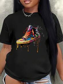 Camiseta de manga corta de poliéster, decorada con coloridos estampados de zapatillas deportivas, ligera y duradera, adecuada para el hogar, la oficina o para uso casual al aire libre, con un diseño artístico distintivo y un ajuste cómodo.women's shirts - Negro - Ver 7