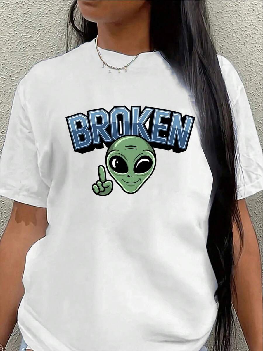 Camiseta de manga corta, ligera y duradera, con un diseño de patrón de alienígena roto, es perfecta para usar en casa, en restaurantes o al aire libre, ofreciendo una experiencia de uso diario cómoda.women's shirts - Blanco - Ver 1