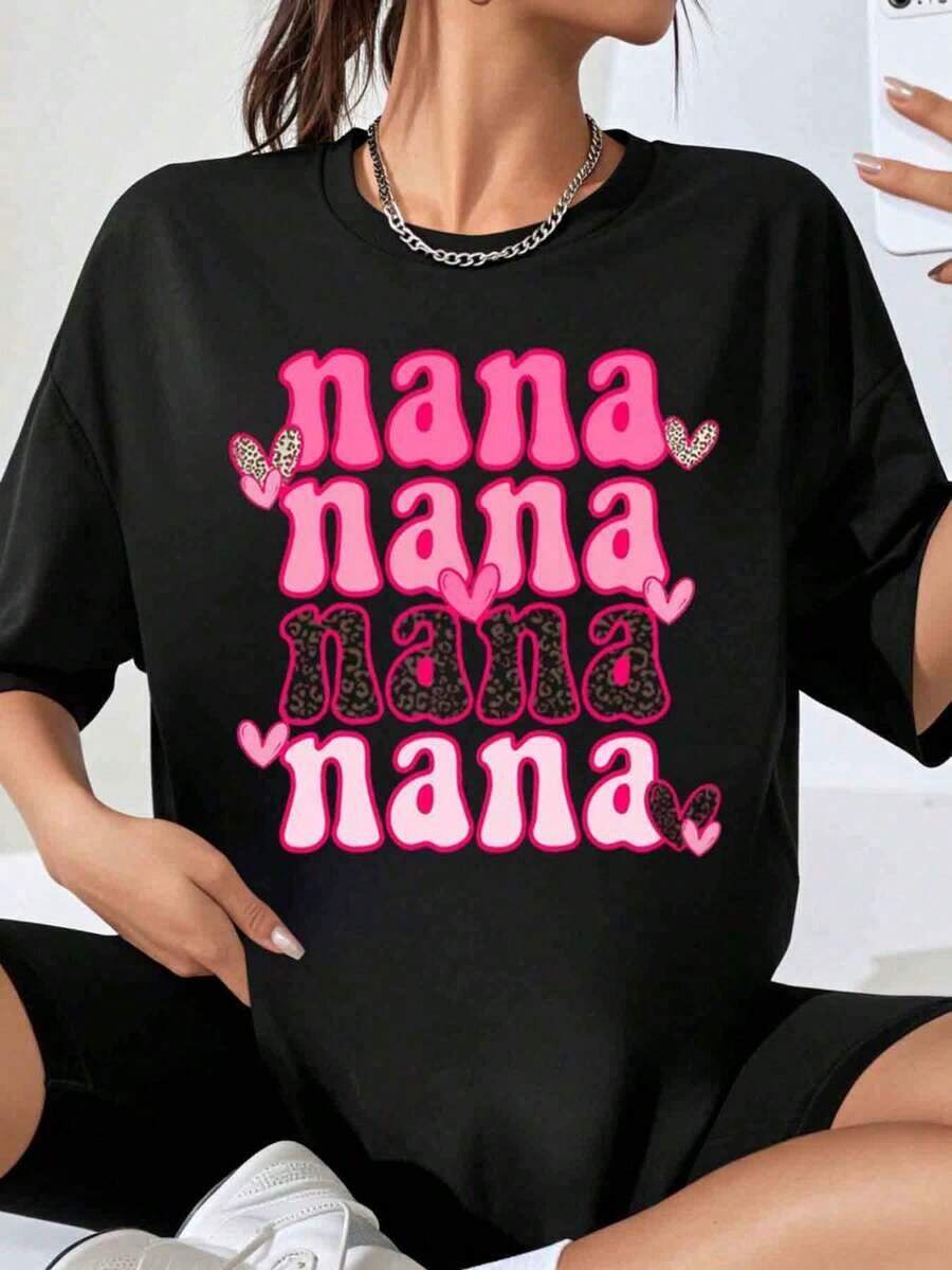 GraphicNana Nana Nana Nana Camiseta Oversize con Estampado de Corazón de Leopardo Rosa para Mujer, Regalo Lindo para Abuela, Regalo para el Día de la Madre o Cumpleaños, Camiseta Casual a la Moda - Negro - Ver 1