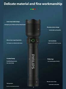 PHILIPS 飛利浦 USB 充電式便攜手電筒，全金屬機身，超亮，長電池壽命，戶外徒步露營燈，自衛頭部設計，防水緊急燈，原裝飛利浦 SFL2188 - 黑色 - 查看 10