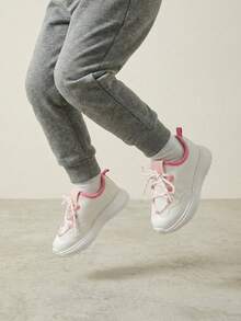 1 Pair New Kids' Colorblock Mesh Sneakers, White & Pink, Minimalist Casual Shoes With Criss-Cross Laces, Suitable For School, Outdoor Activities, And Daily Wear - powder white - View 2