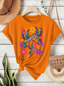 Short-Sleeved T-Shirt With Round Neck, Mexican Style, Bohemian Style, Folk Art Three Birds Floral Print,  Retro Style, Casual Sports And Fitness Clothing For Women, Suitable For All Seasons - Basic And Versatile. - 黑色 - 查看 8