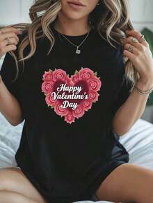 Under The Radar Plus Size Women's Happy Valentine's Day Graphic Print T-Shirt, Short Sleeve, Crew Neck, Casual Summer And Spring Top, Women's Clothing - Vintage Street Style Unisex Loose Cotton Short Sleeve Crew Neck T-Shirt - 黑色 - 查看 7