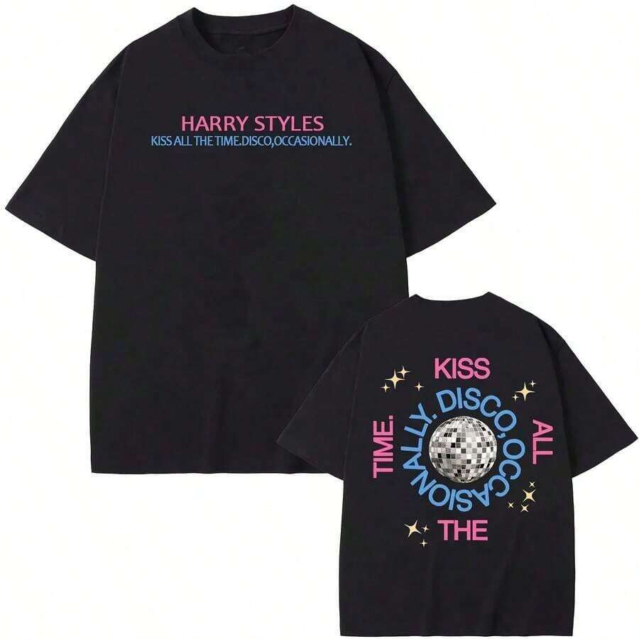 Camiseta con estampado del nuevo álbum de Harry Style, camiseta de alta calidad, estilo Kiss All The Time, moda de verano, 100% algodón, camisetas casuales de cuello redondo, estilo vintage urbano, unisex, holgada, de manga corta, de algodón, con cuello redondo, blusas para mujer. blusas.blusas casuales para dama.Impresión de osos cariñosos.Camiseta estampada Impresión de osos cariñosos. - Negro - Ver 1